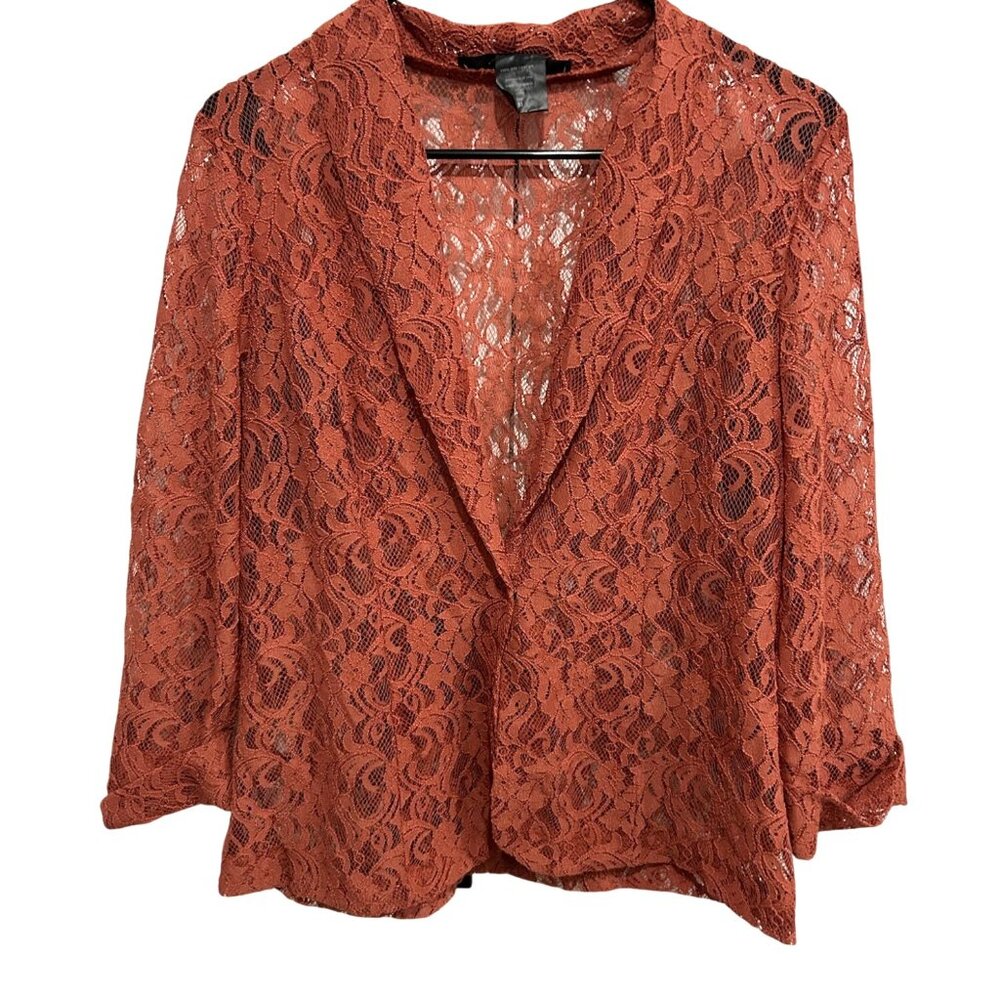 LM Studio Lace Rust Orange Medium Open Front Blazer Floral Cottagecore Feminine